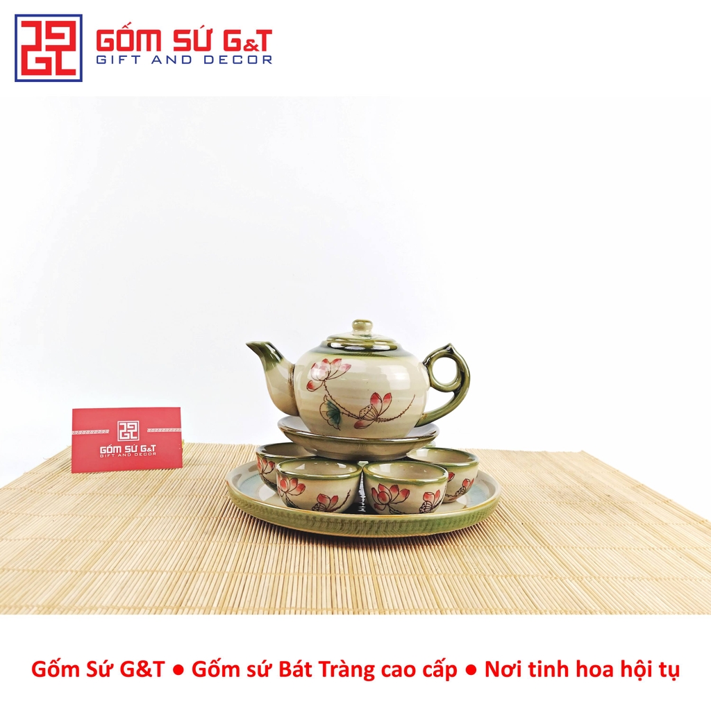 Bộ trà @ vẽ sen đỏ khay sứ