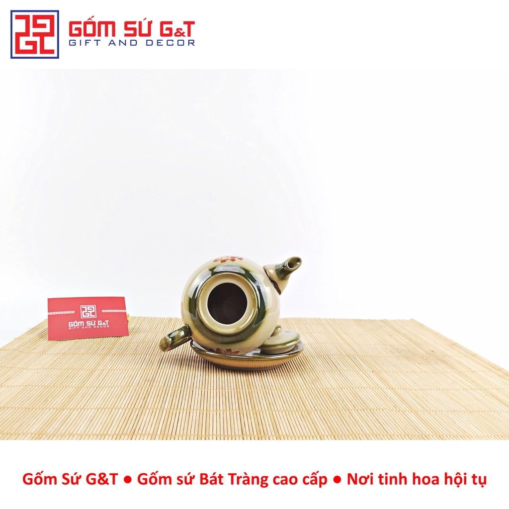 Bộ trà @ vẽ sen đỏ khay sứ