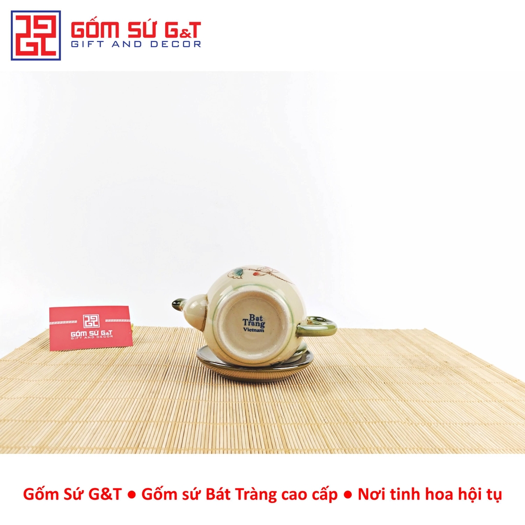 Bộ trà @ vẽ sen đỏ khay sứ