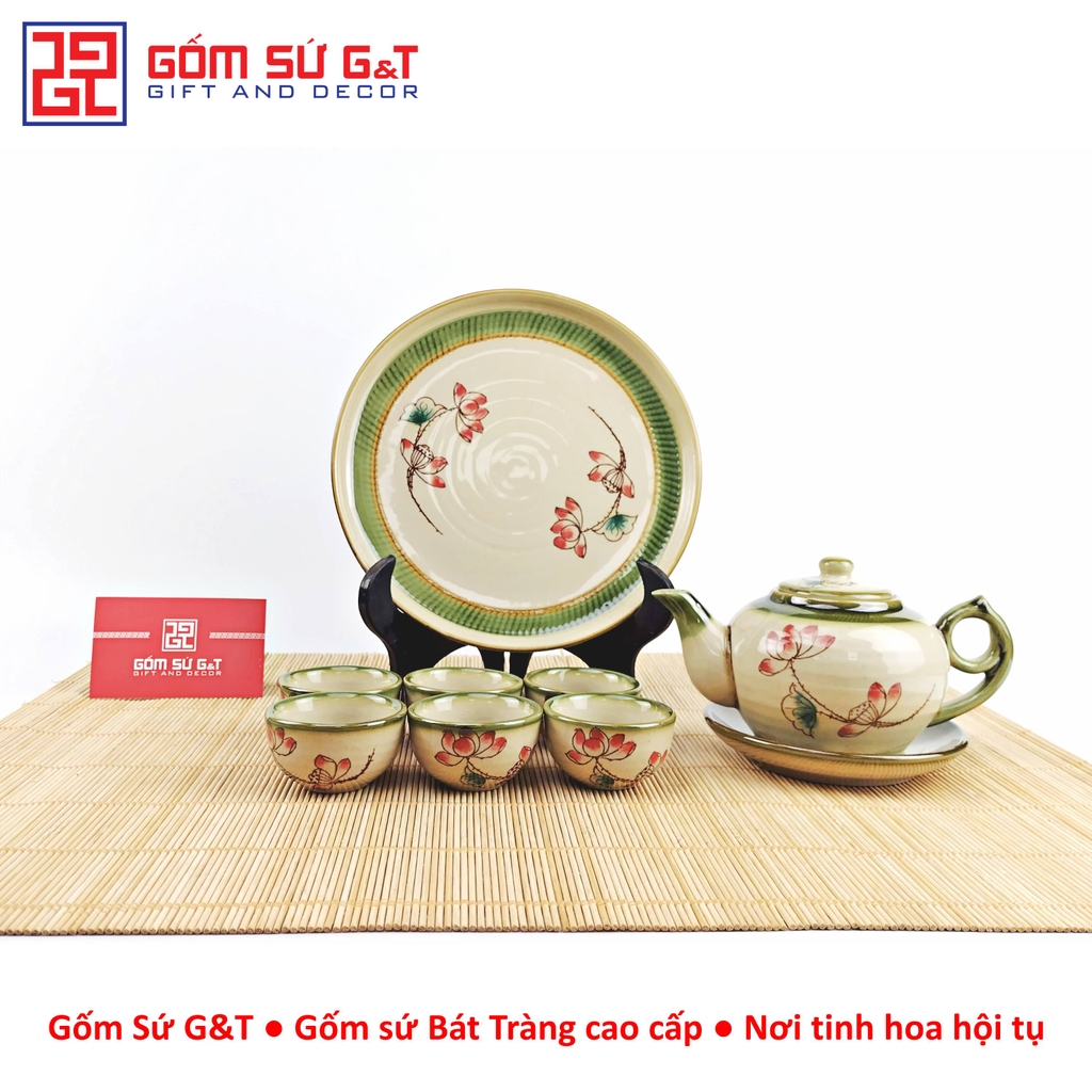 Bộ trà @ vẽ sen đỏ khay sứ