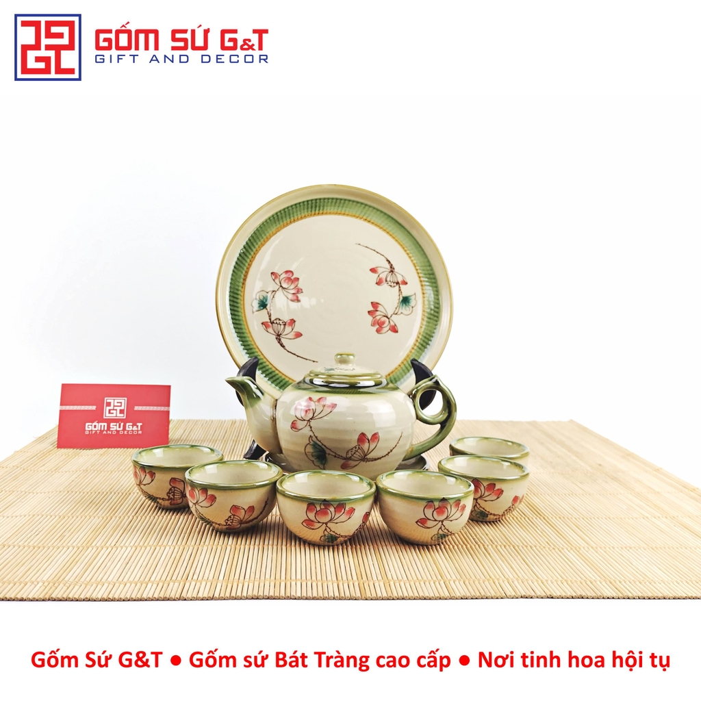 Bộ trà @ vẽ sen đỏ khay sứ