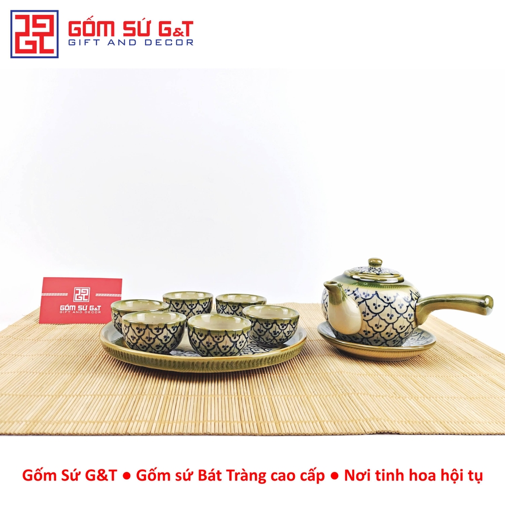 Bộ trà quai ngang vẽ hoa bèo khay sứ