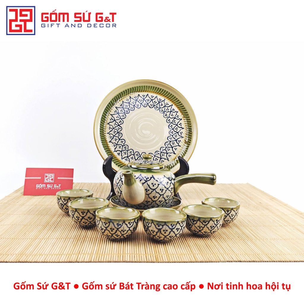 Bộ trà quai ngang vẽ hoa bèo khay sứ
