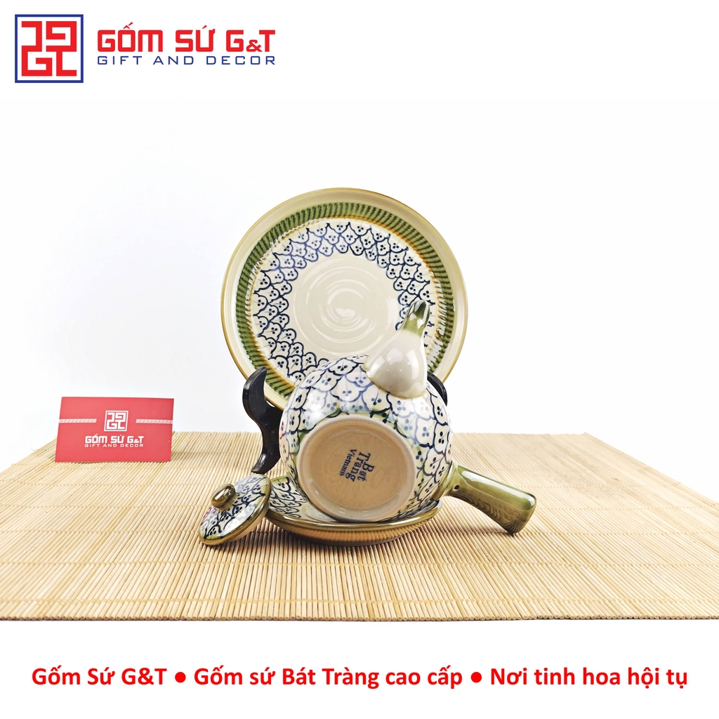 Bộ trà quai ngang vẽ hoa bèo khay sứ