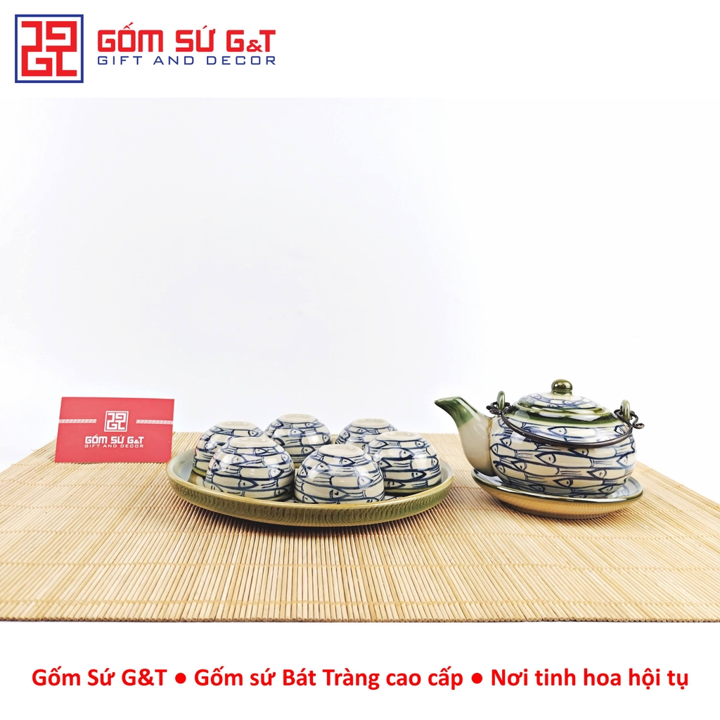 Bộ trà Nhật vẽ cá đàn khay sứ