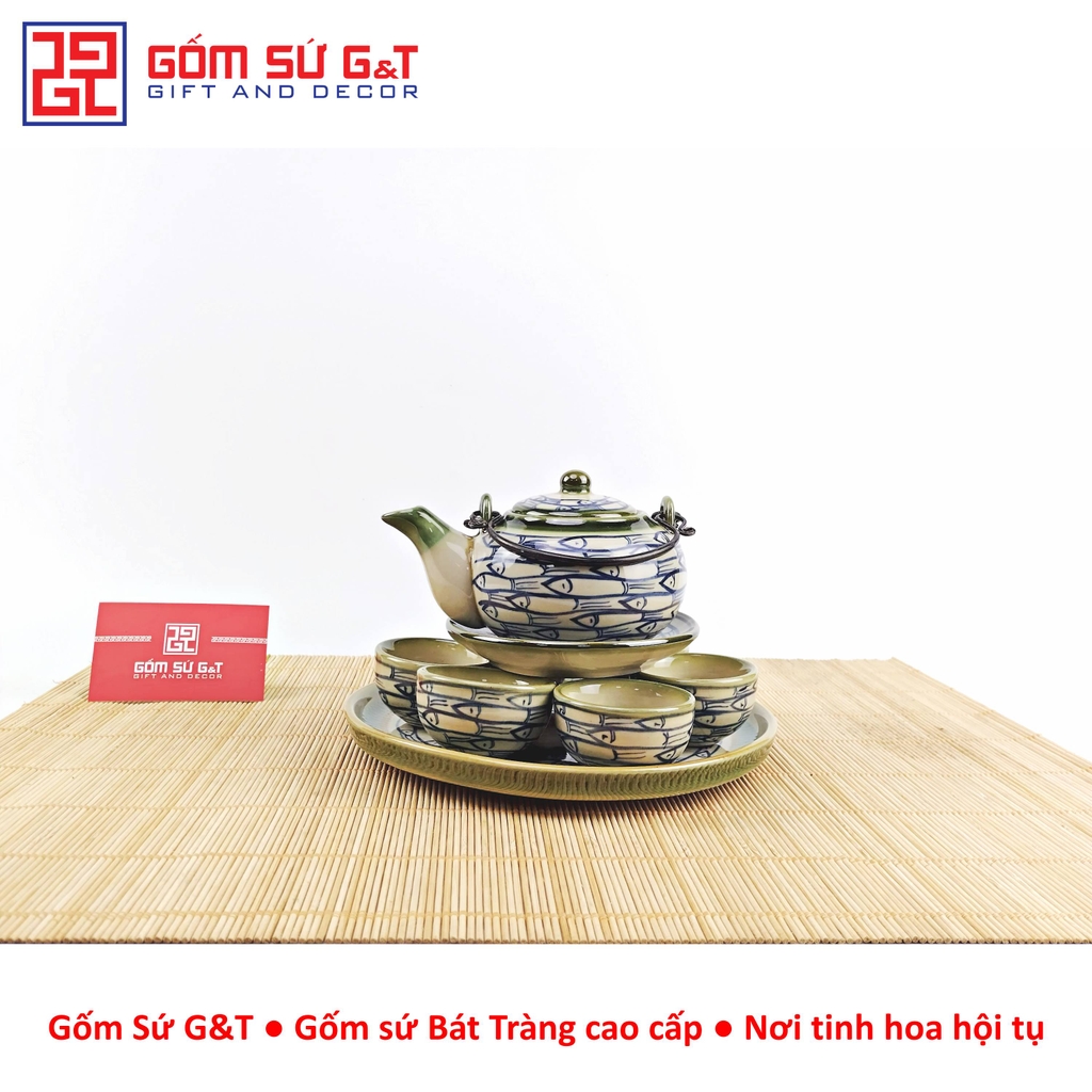Bộ trà Nhật vẽ cá đàn khay sứ