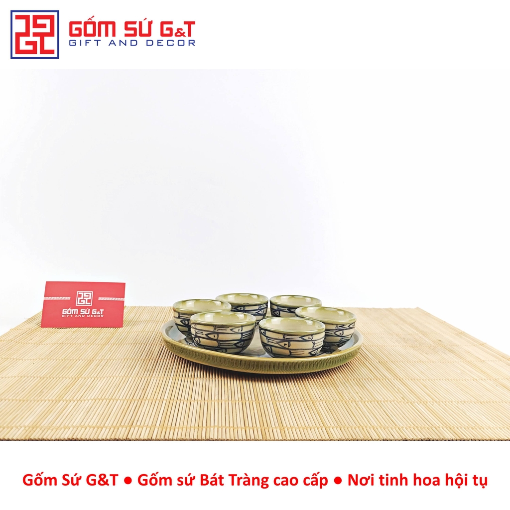 Bộ trà Nhật vẽ cá đàn khay sứ