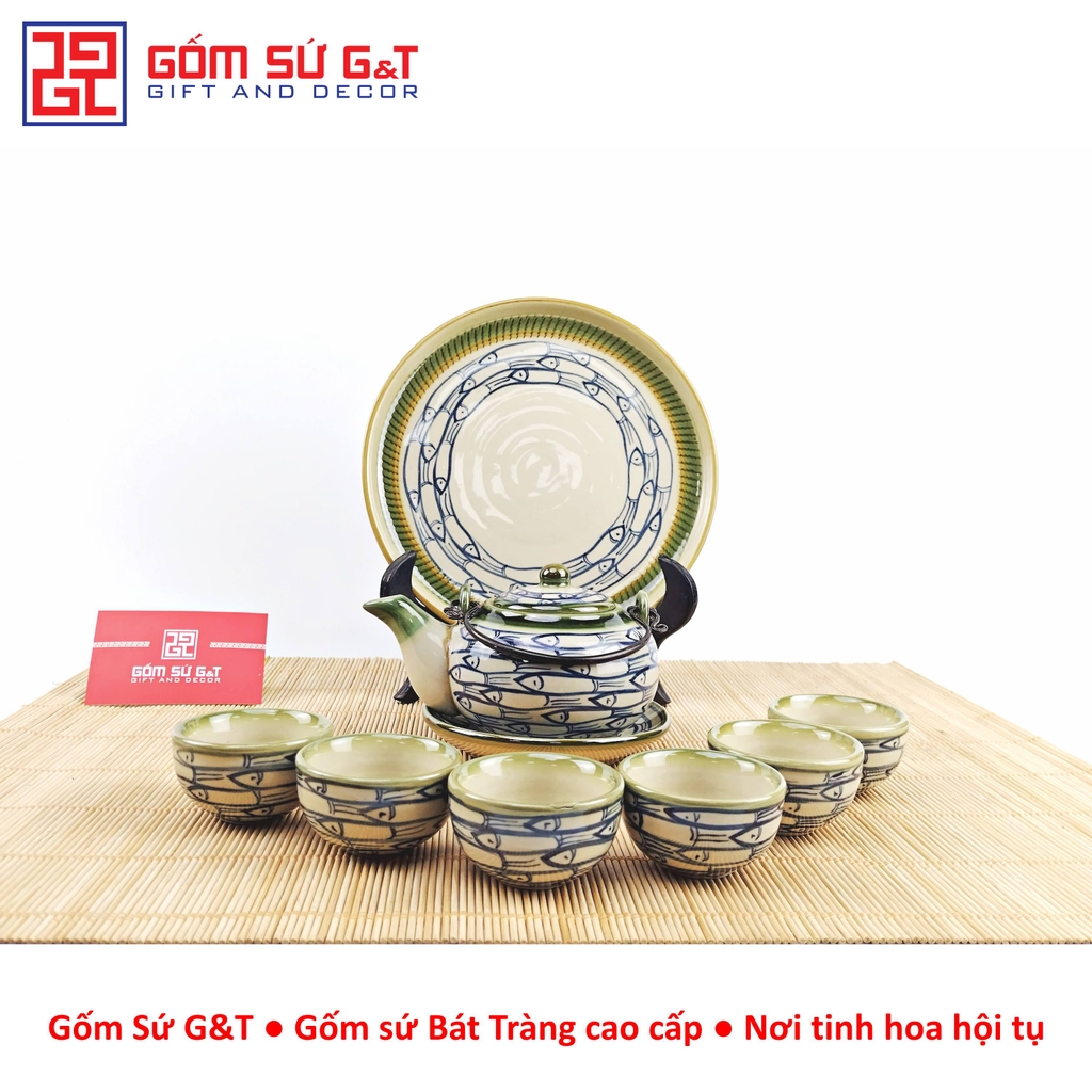 Bộ trà Nhật vẽ cá đàn khay sứ