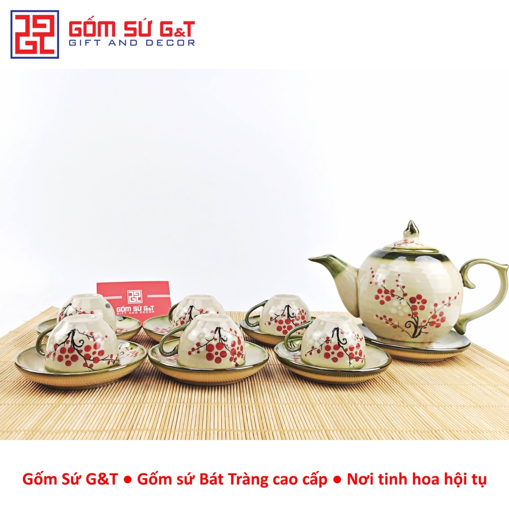 Bộ trà dáng bưởi vẽ đào đỏ