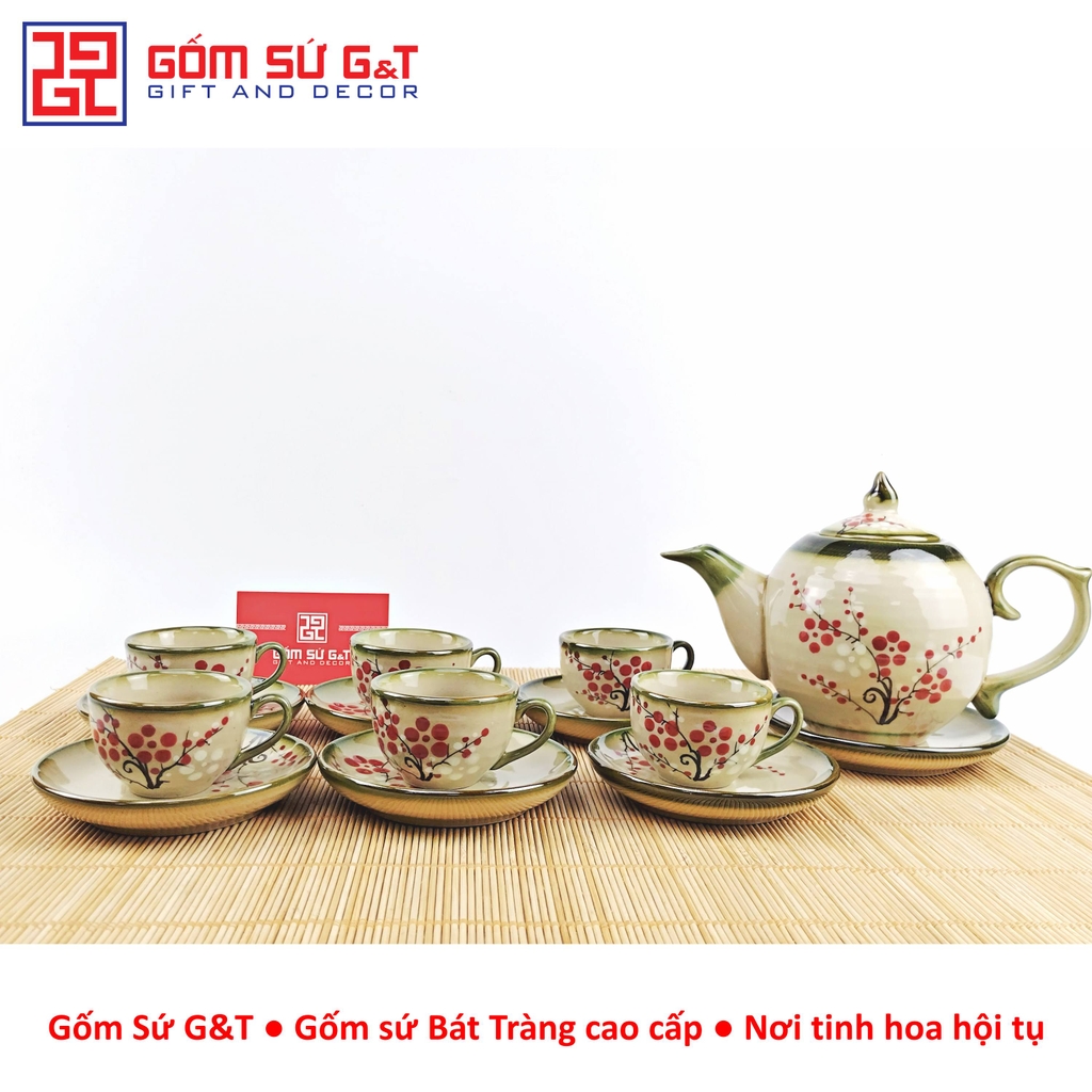 Bộ trà dáng bưởi vẽ đào đỏ