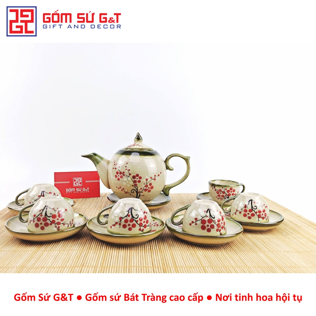 Bộ trà dáng bưởi vẽ đào đỏ