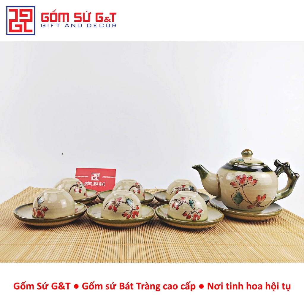 Bộ trà dáng gốc cây vẽ sen đỏ