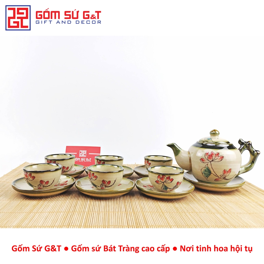 Bộ trà dáng gốc cây vẽ sen đỏ