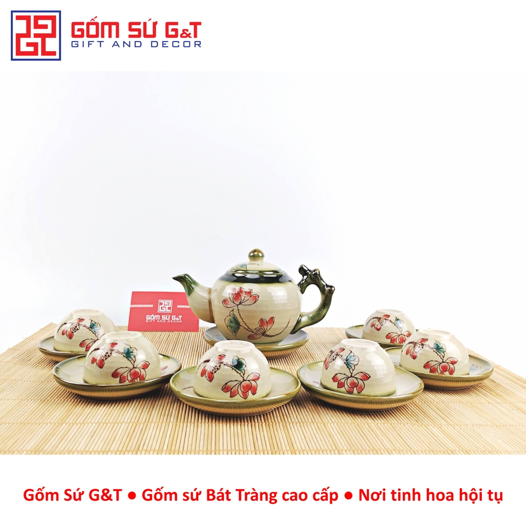 Bộ trà dáng gốc cây vẽ sen đỏ