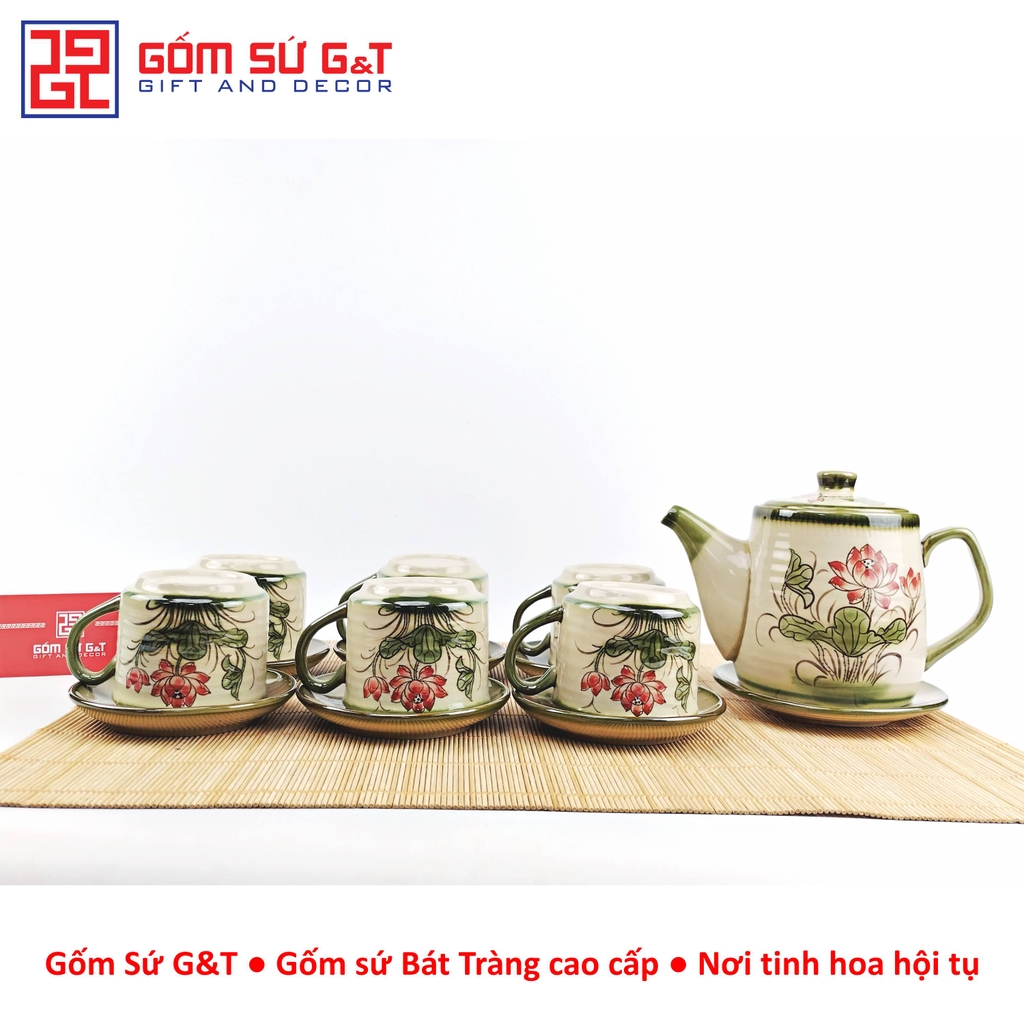 Bộ trà cafe tròn vẽ sen đỏ