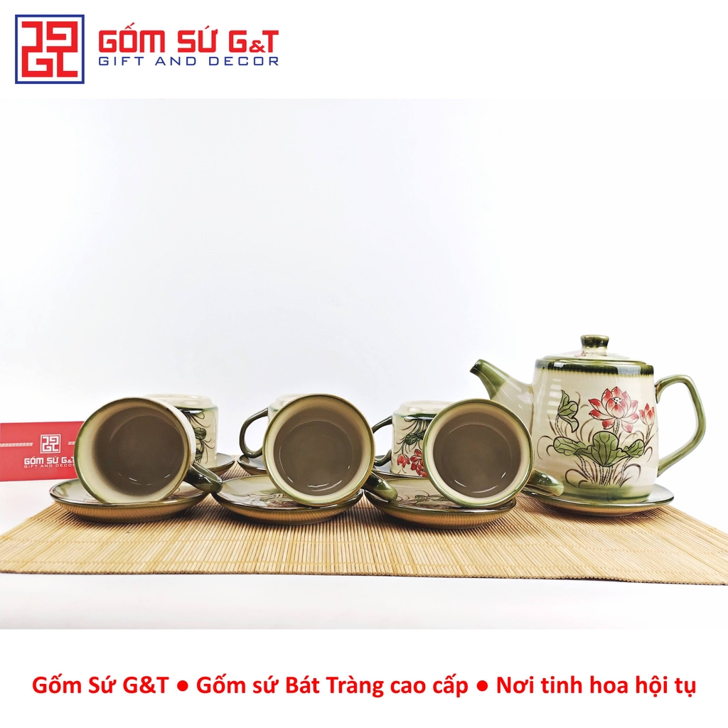 Bộ trà cafe tròn vẽ sen đỏ