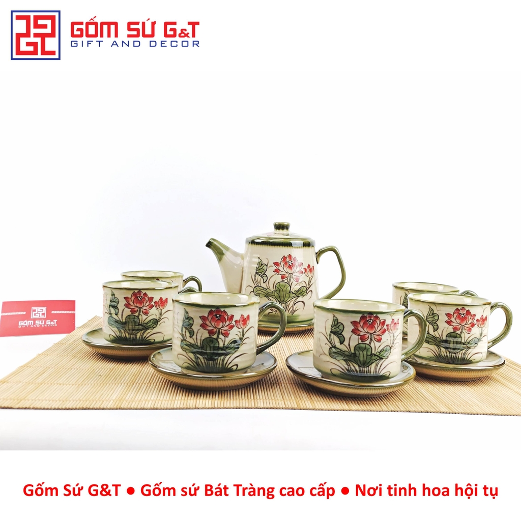 Bộ trà cafe tròn vẽ sen đỏ