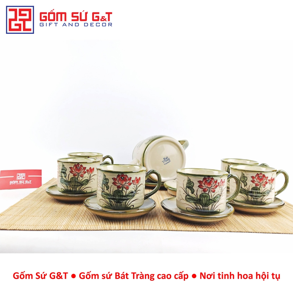 Bộ trà cafe tròn vẽ sen đỏ