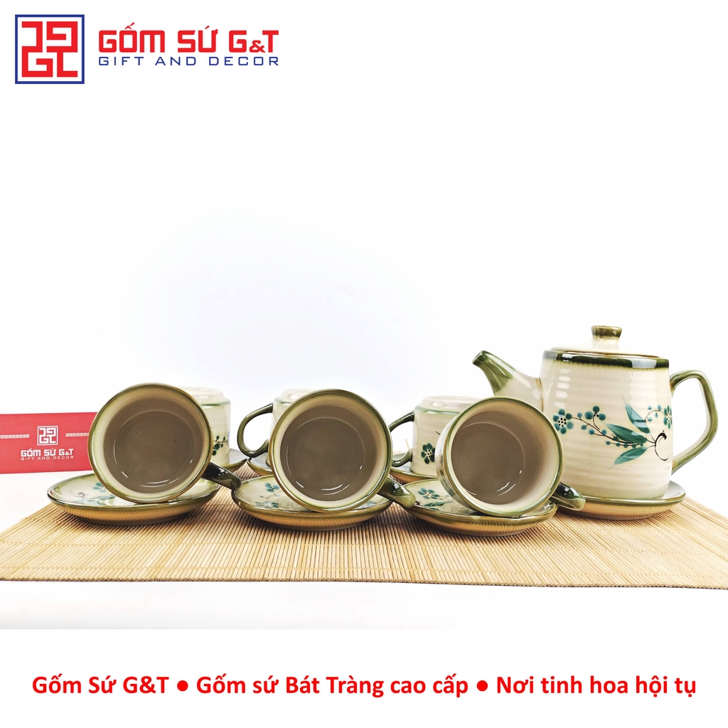 Bộ trà cafe tròn vẽ đào xanh