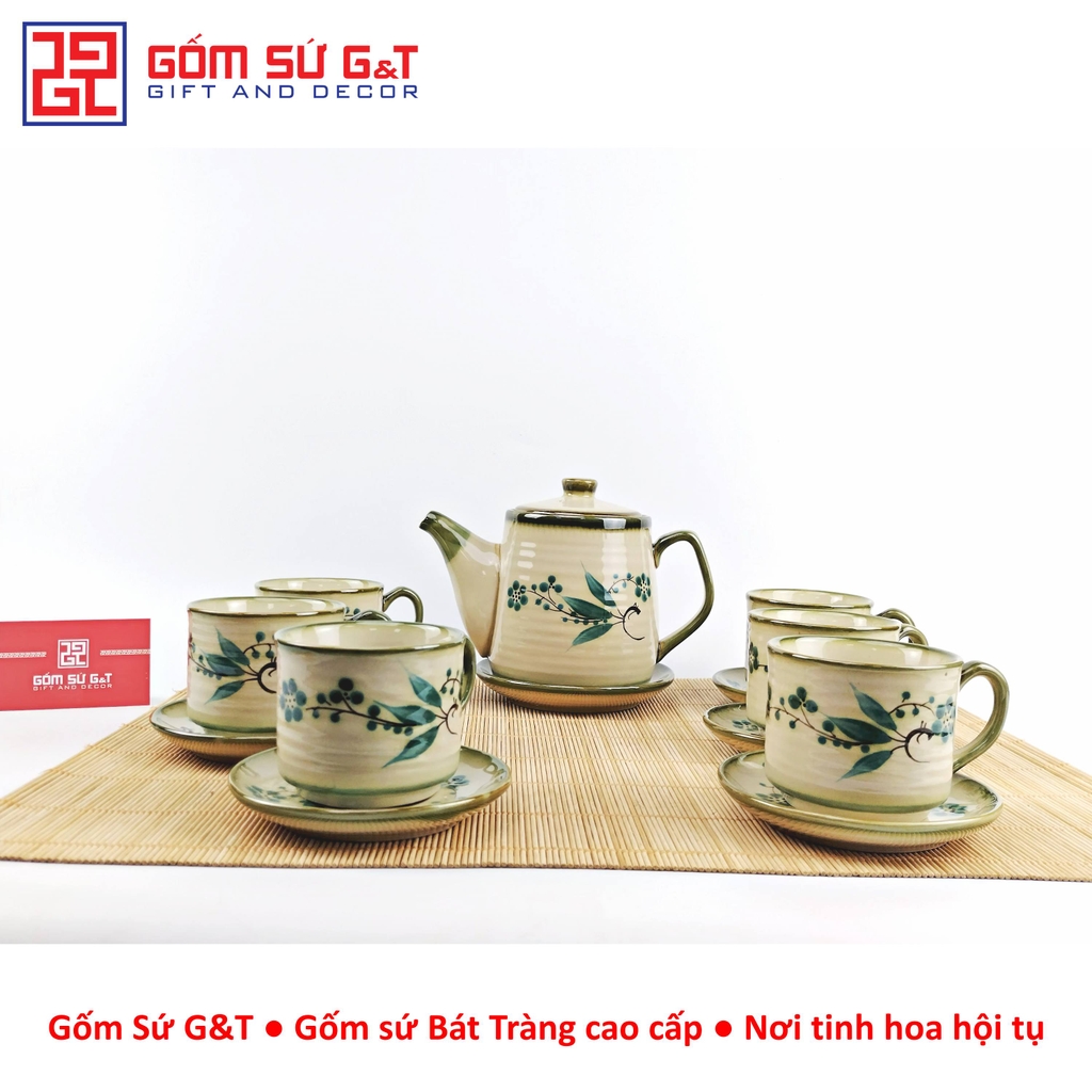 Bộ trà cafe tròn vẽ đào xanh