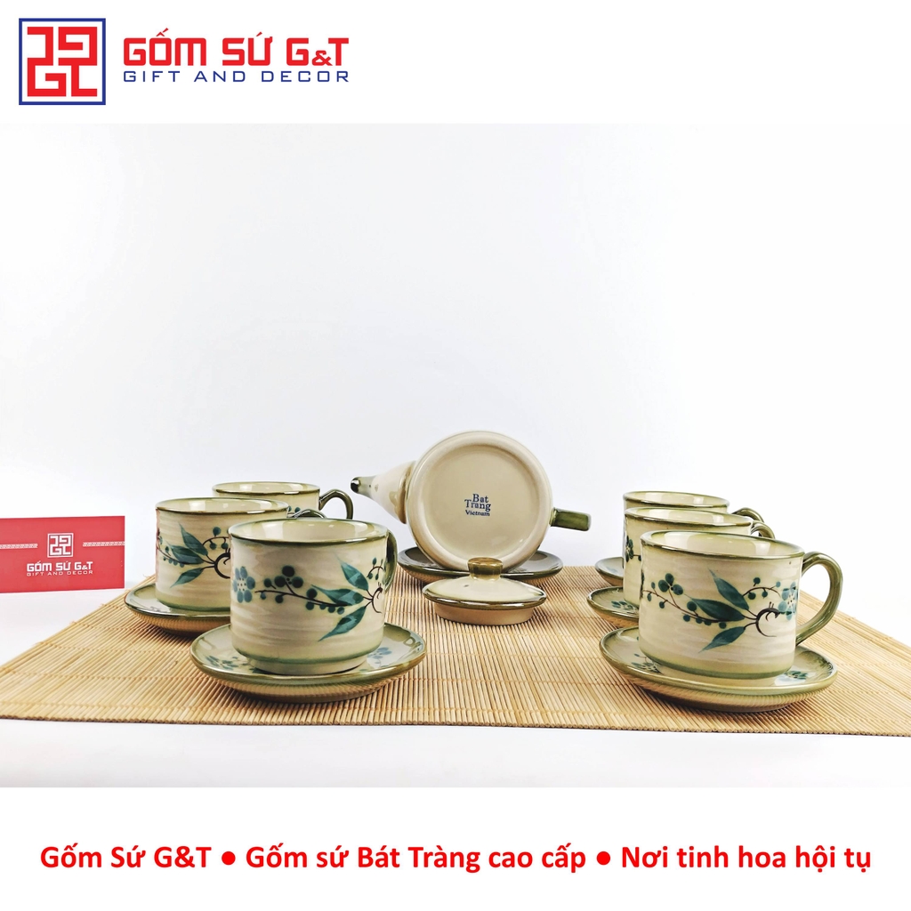 Bộ trà cafe tròn vẽ đào xanh