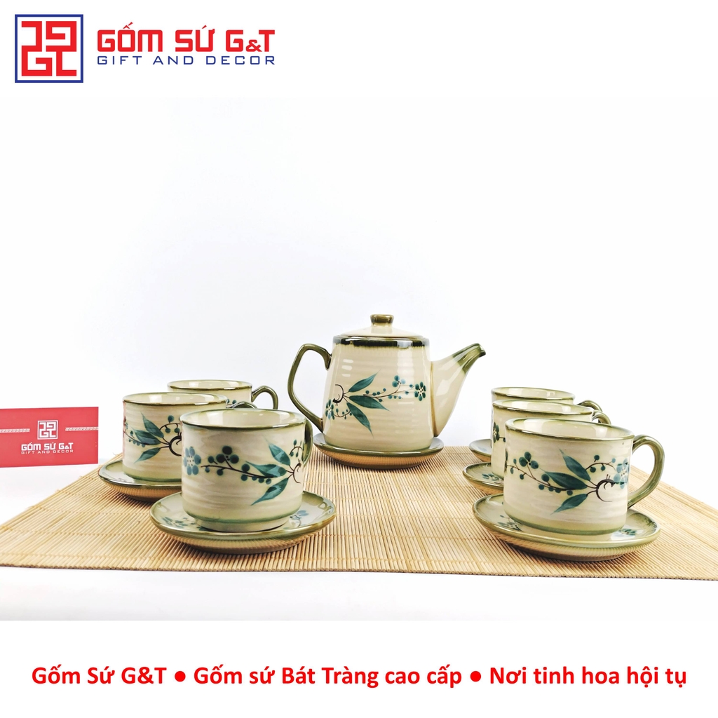 Bộ trà cafe tròn vẽ đào xanh