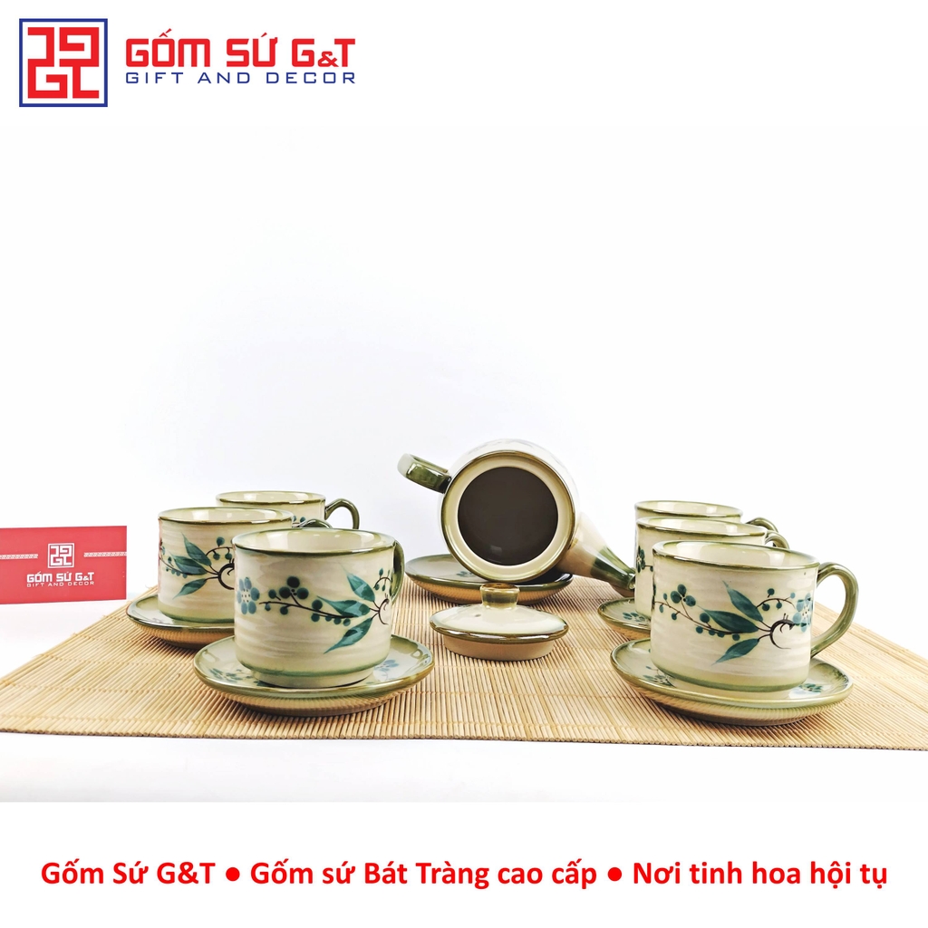 Bộ trà cafe tròn vẽ đào xanh