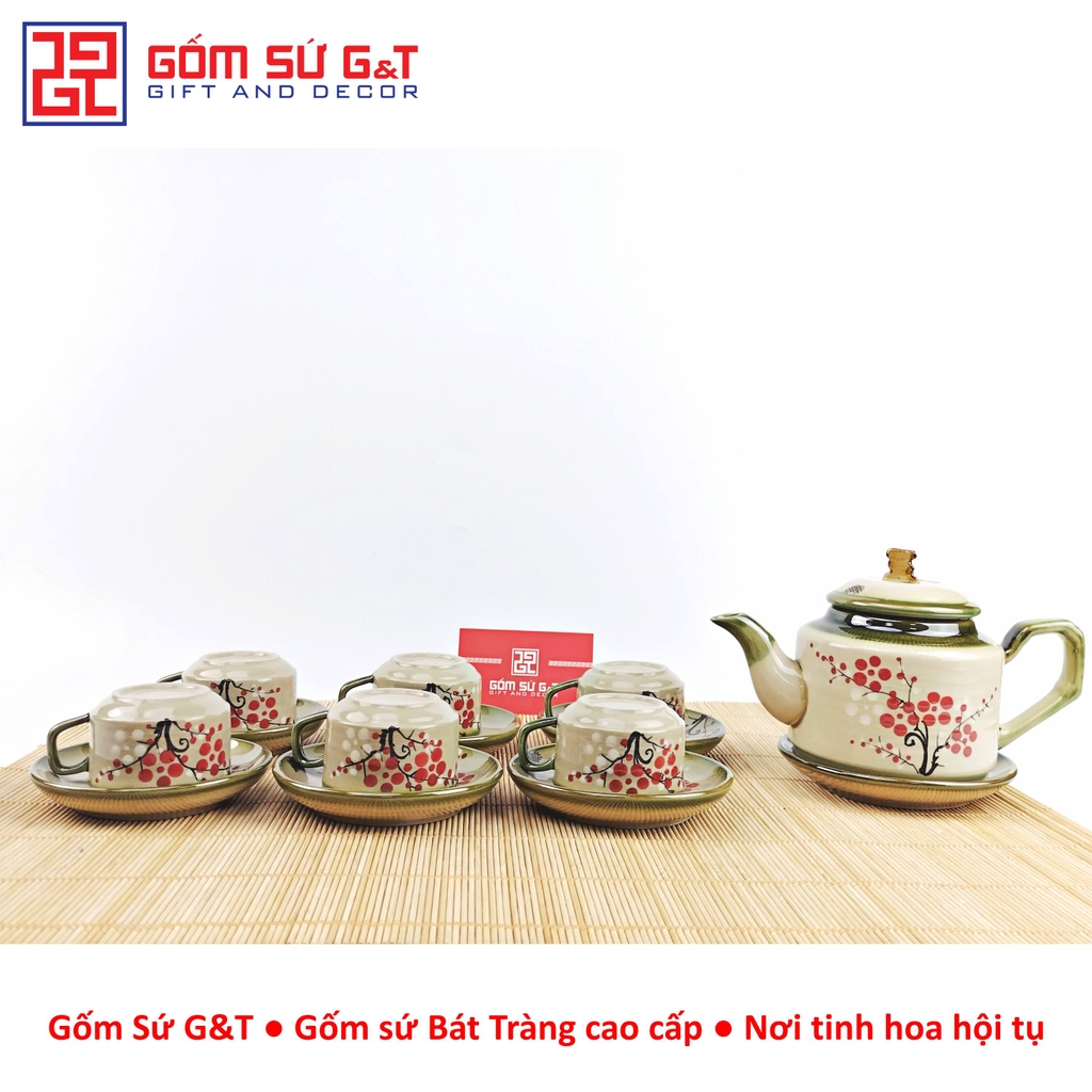 Bộ trà quai vuông vẽ đào đỏ