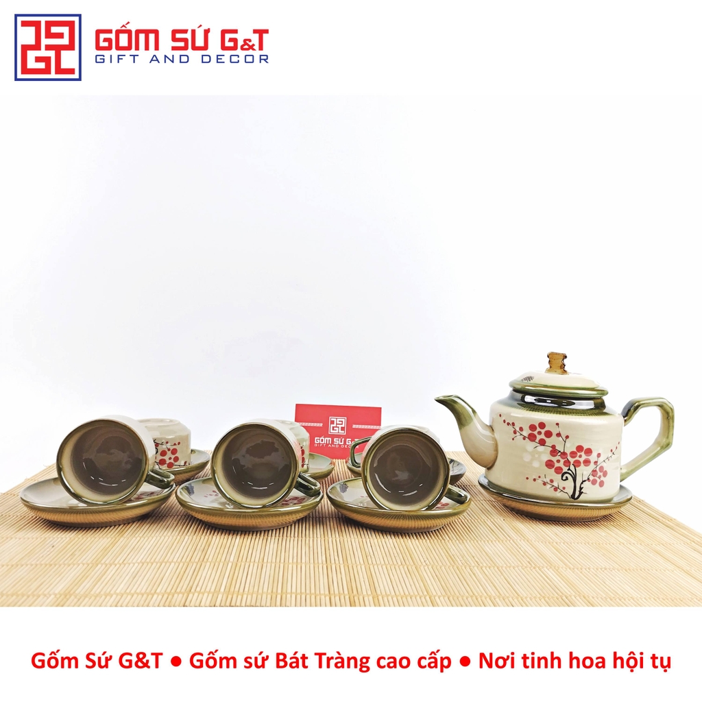 Bộ trà quai vuông vẽ đào đỏ