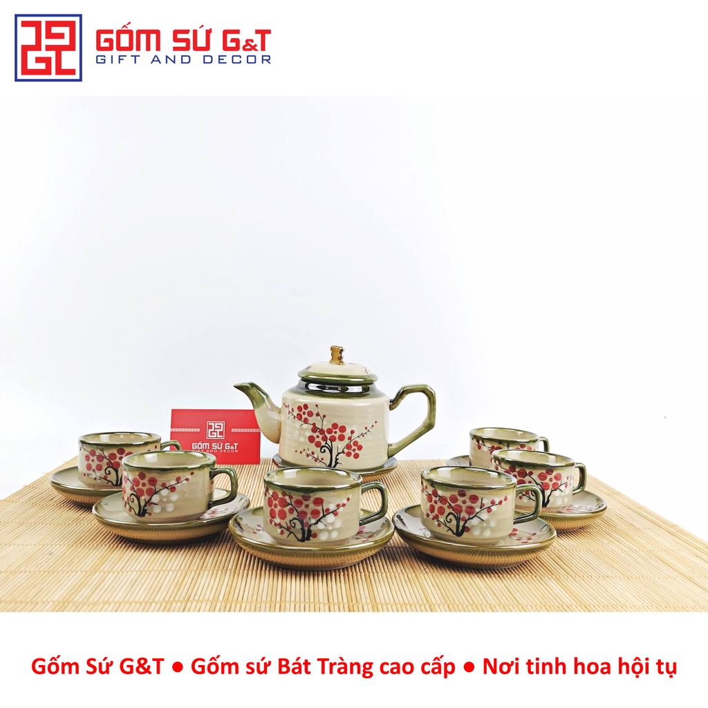 Bộ trà quai vuông vẽ đào đỏ