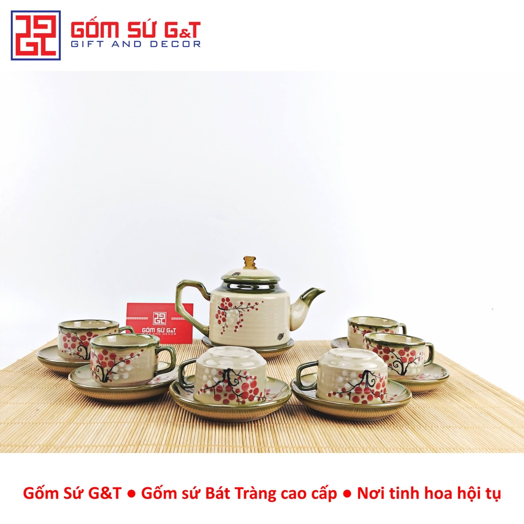 Bộ trà quai vuông vẽ đào đỏ
