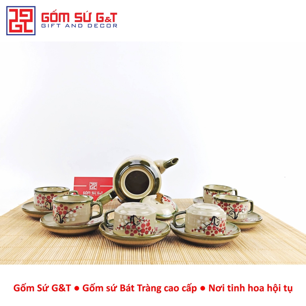 Bộ trà quai vuông vẽ đào đỏ