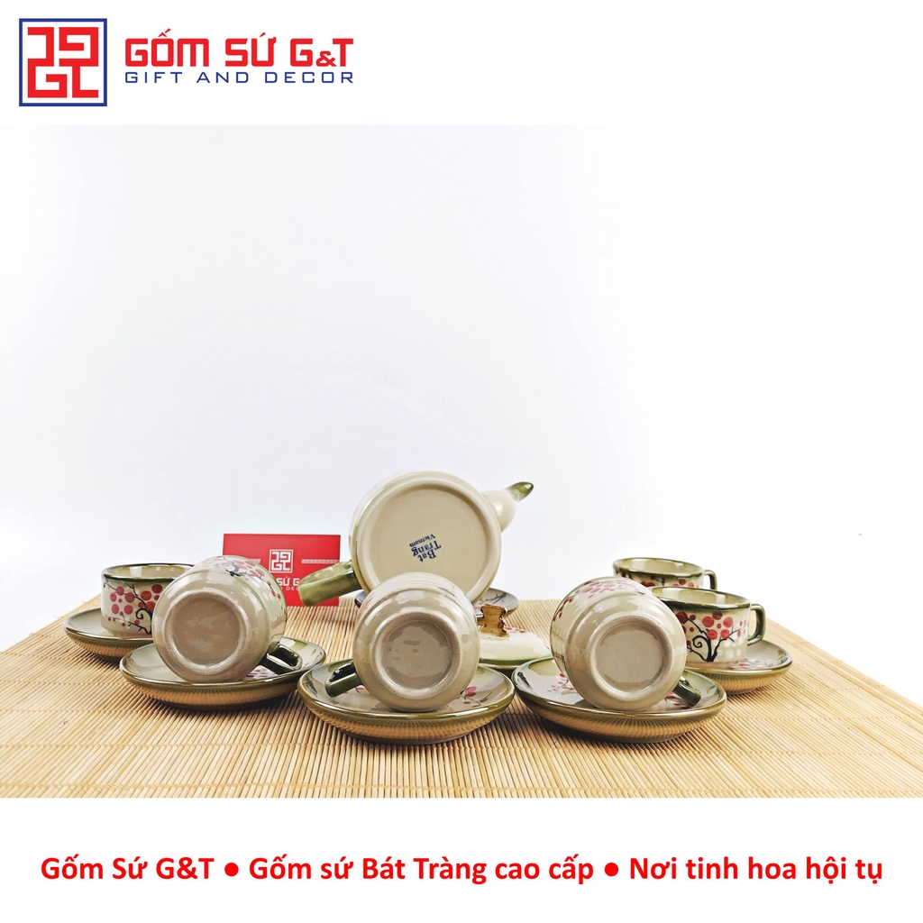 Bộ trà quai vuông vẽ đào đỏ