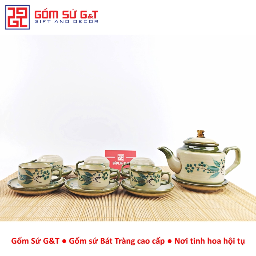 Bộ trà quai vuông vẽ đào xanh