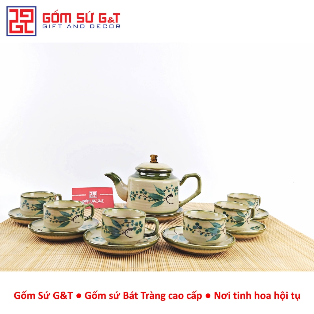 Bộ trà quai vuông vẽ đào xanh