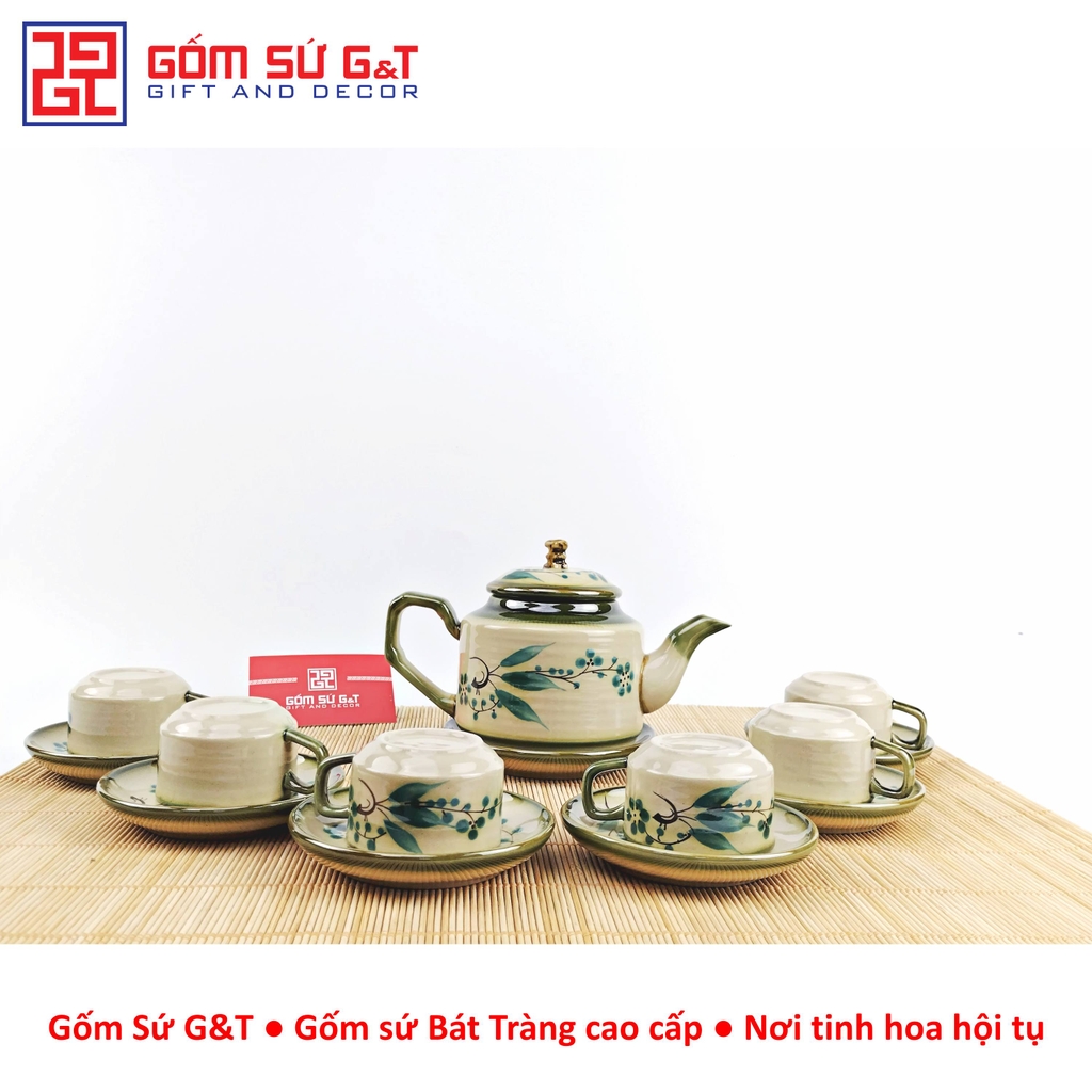 Bộ trà quai vuông vẽ đào xanh