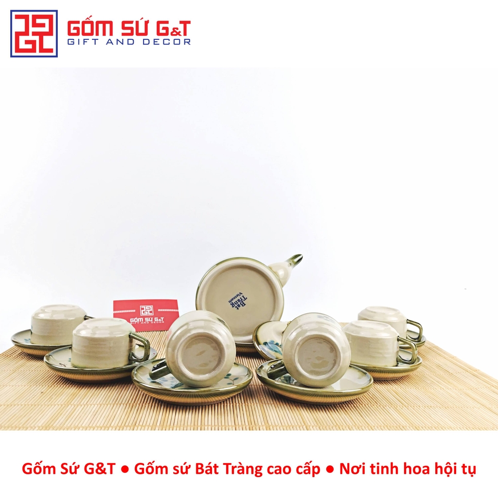 Bộ trà quai vuông vẽ đào xanh
