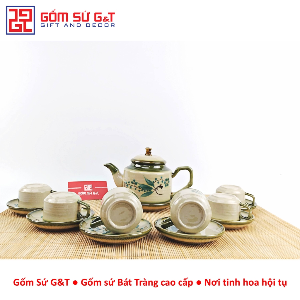 Bộ trà quai vuông vẽ đào xanh