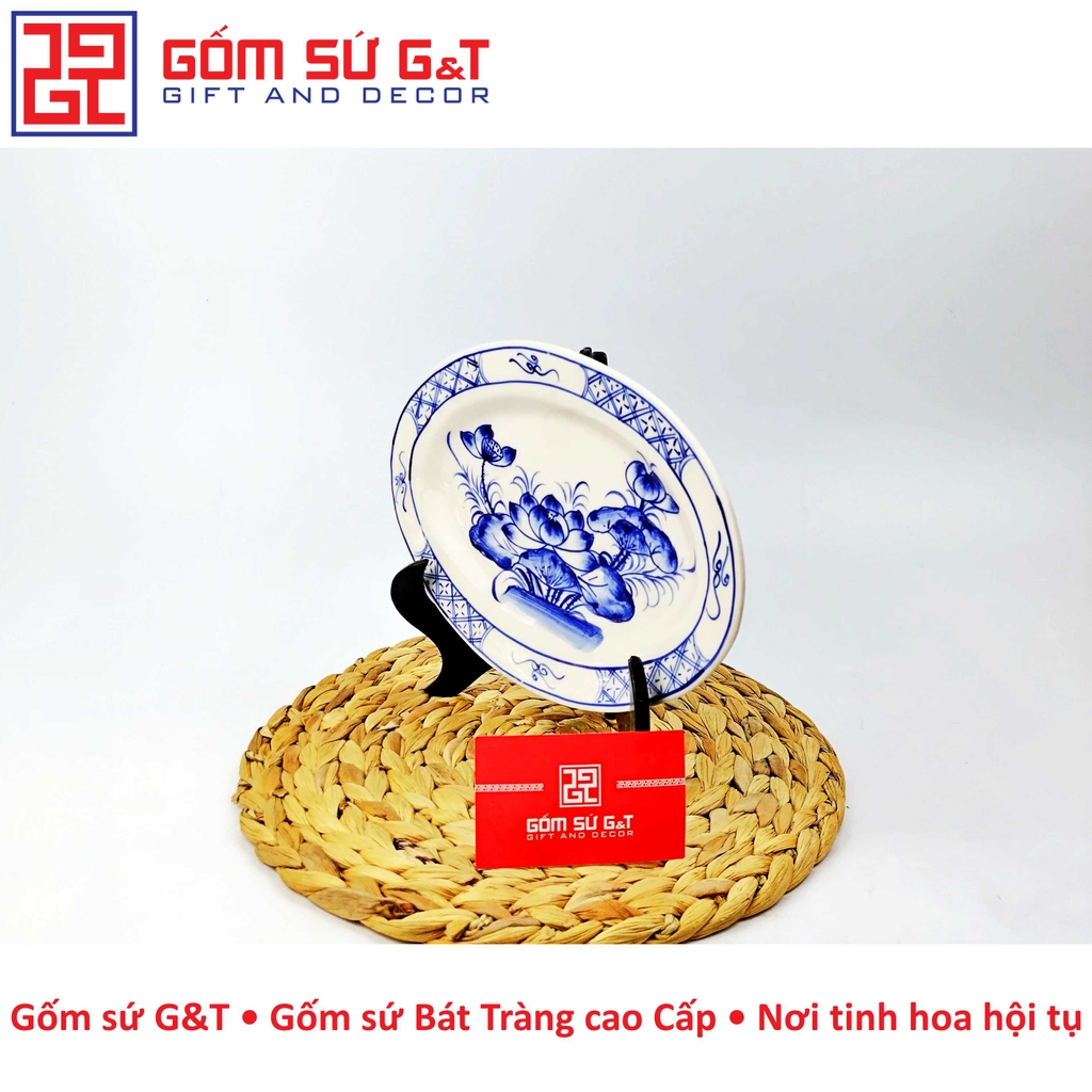 Đĩa bầu dục vẽ sen bụi xanh