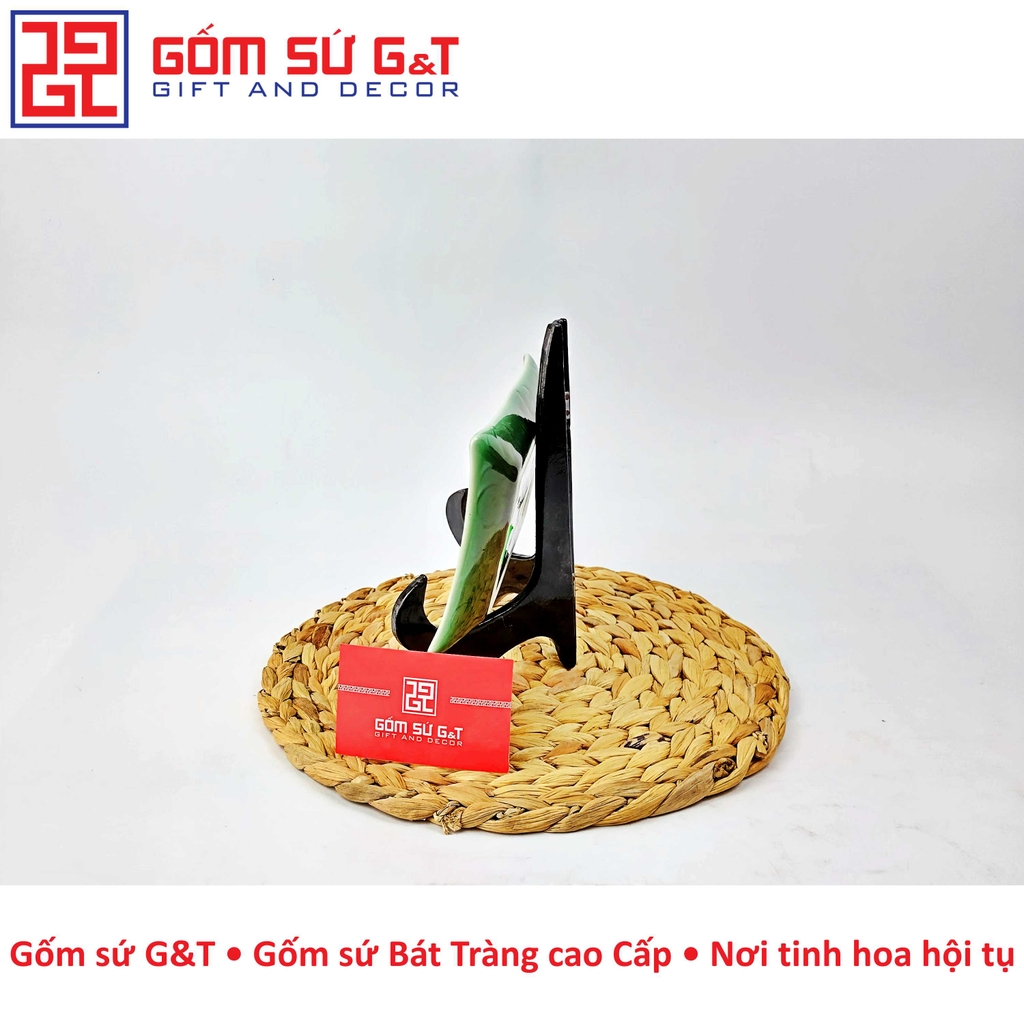 Khay chữ nhật men xanh đồng vẽ hoa bèo