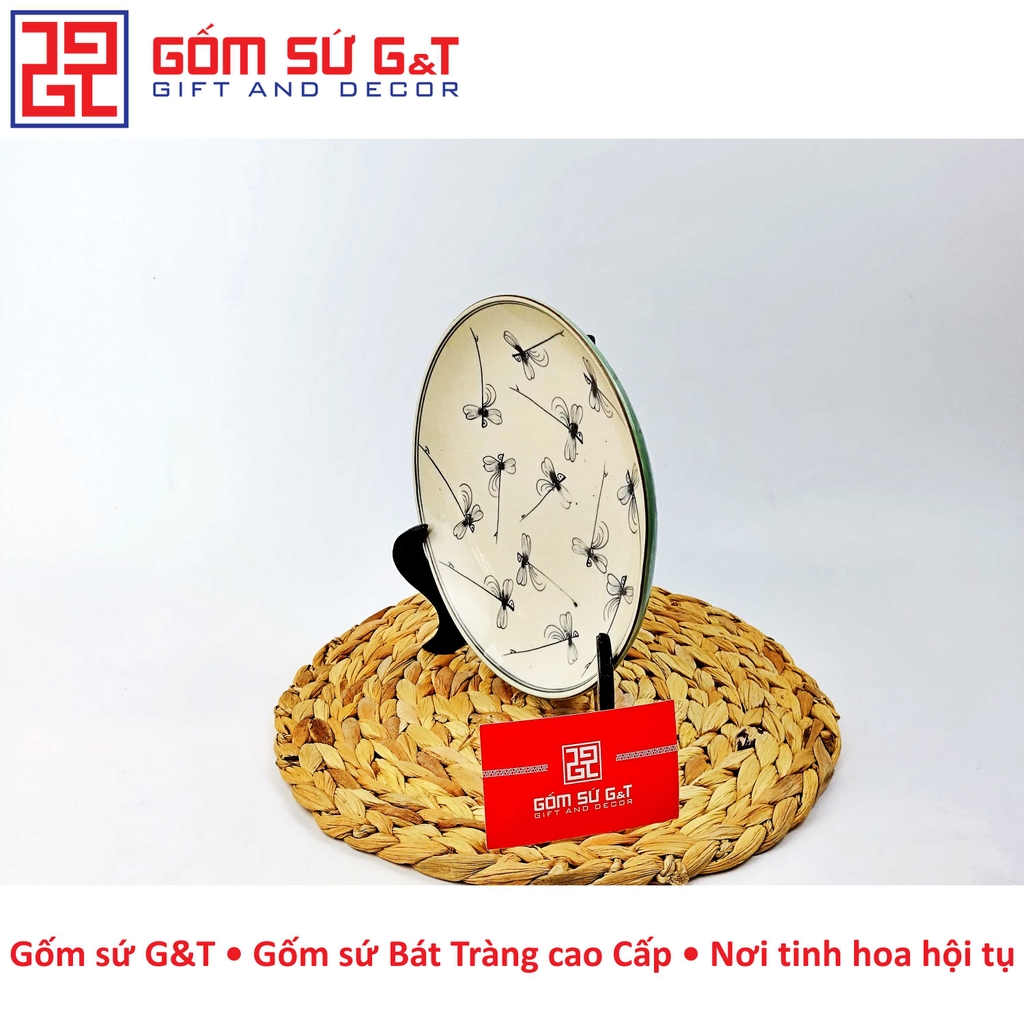 Đĩa tròn men xanh đồng vẽ chuồn kim