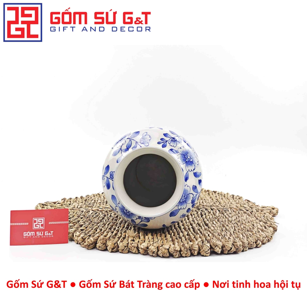 Lọ hoa dáng phích vai vuông men lam vẽ hoa cành H25