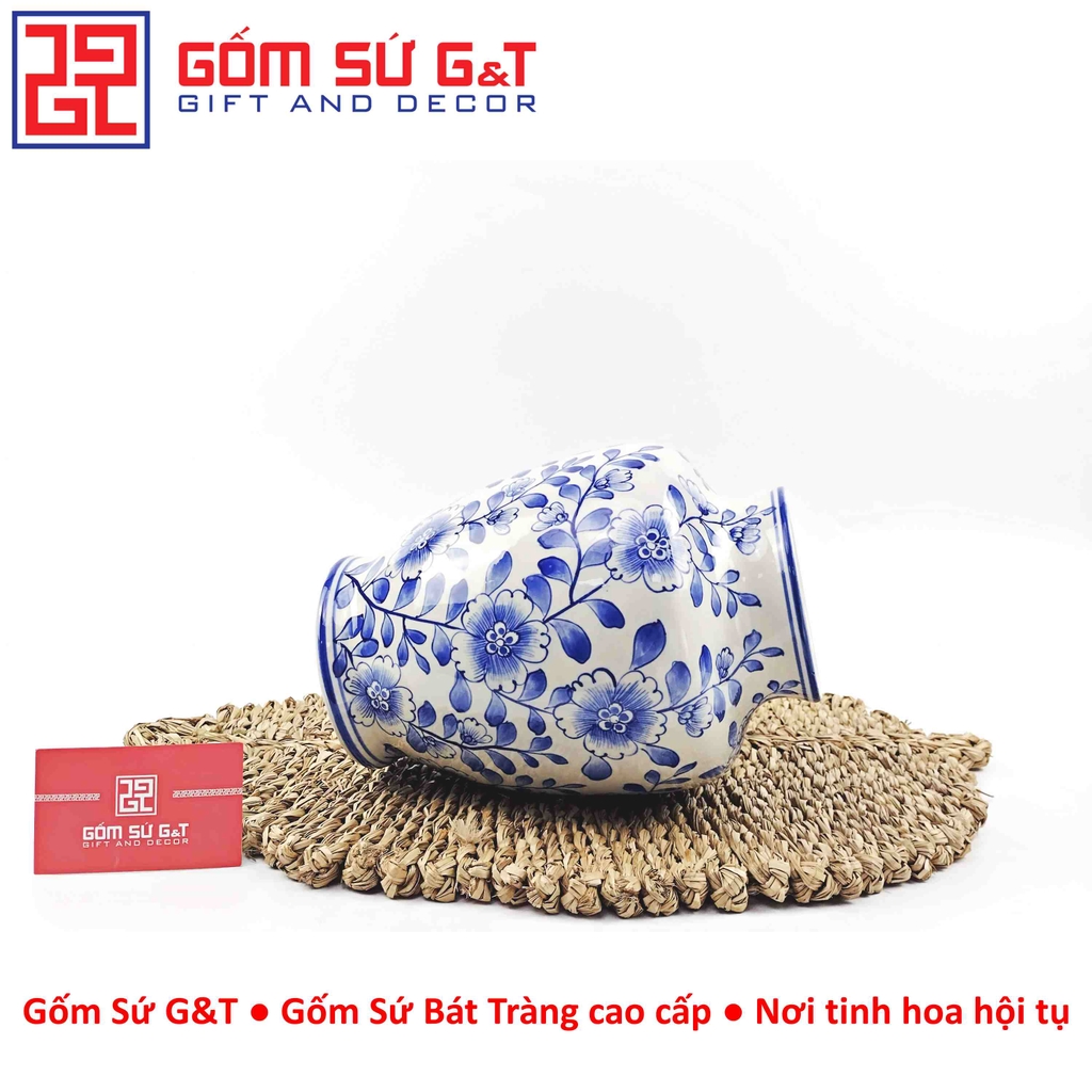 Lọ hoa dáng phích vai vuông men lam vẽ hoa cành H25