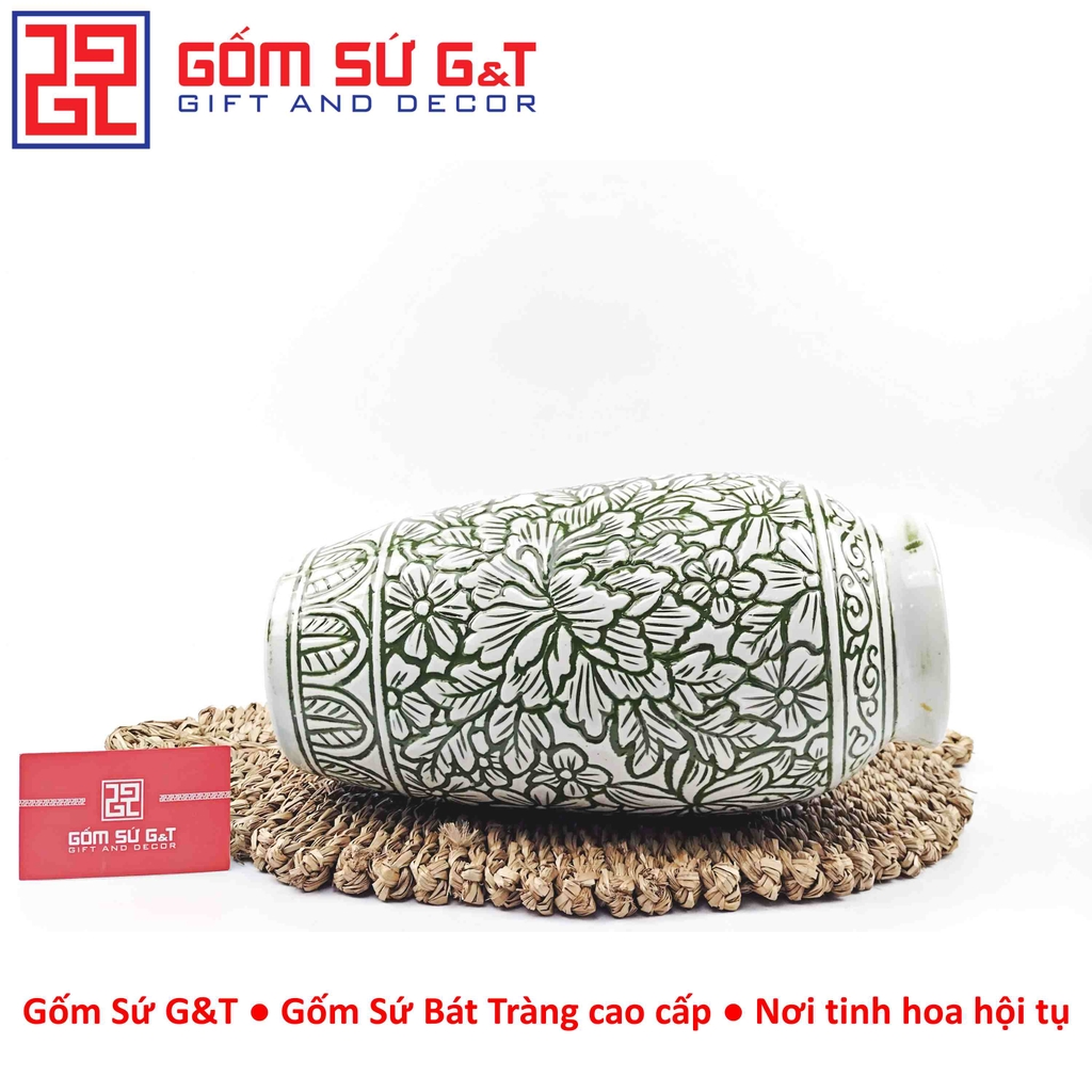 Lọ hoa dáng phích xanh khắc ngàn hoa H28