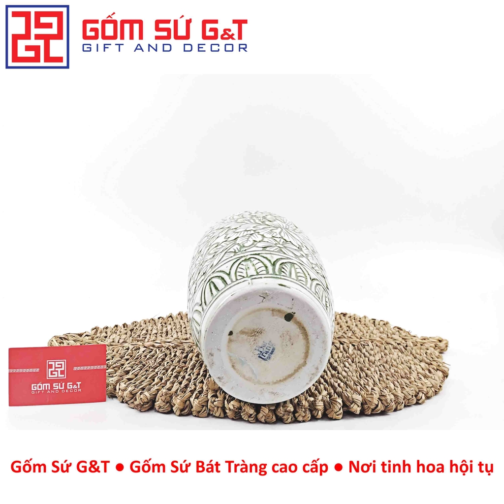 Lọ hoa dáng phích xanh khắc ngàn hoa H28