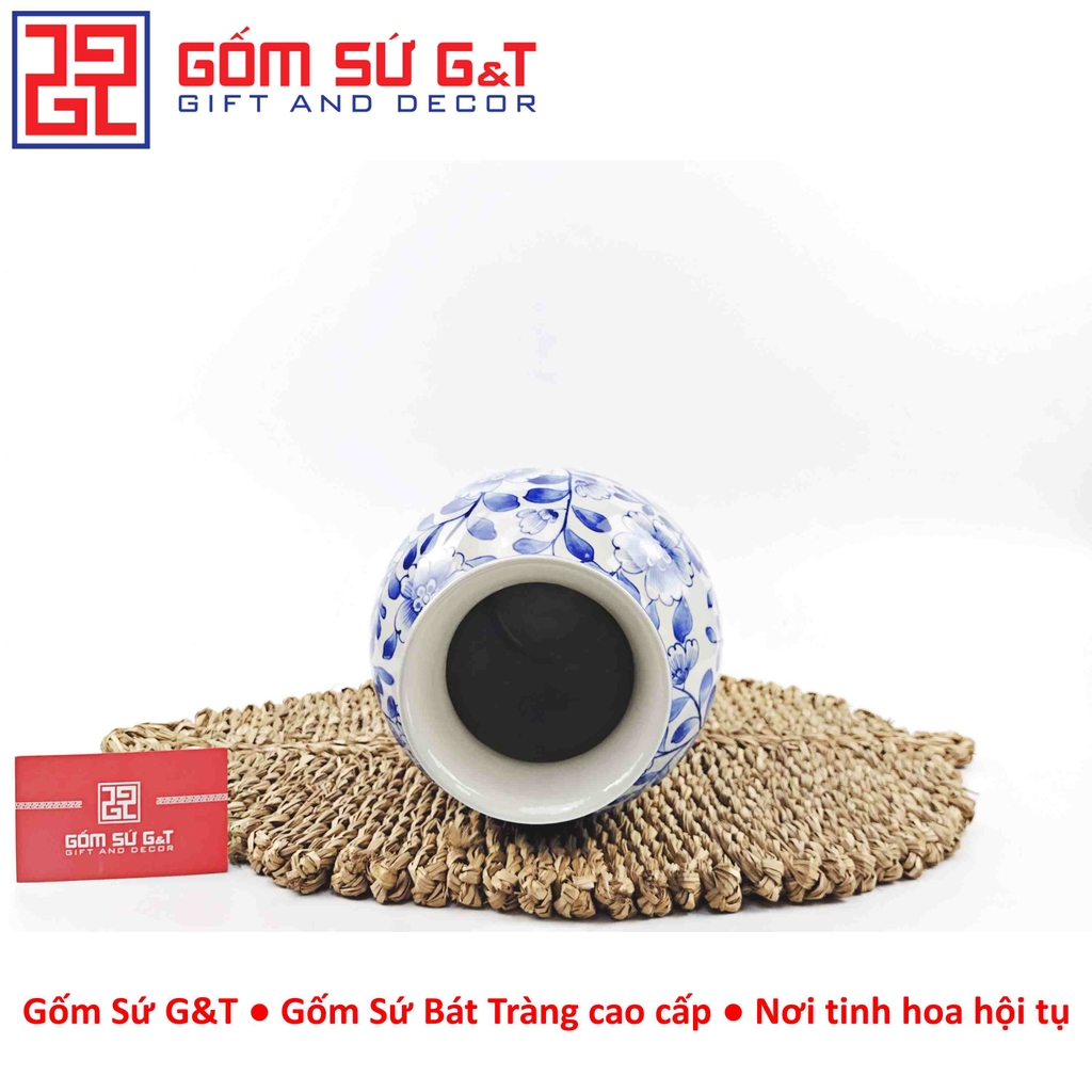 Lọ hoa dáng phích cổ cao men lam vẽ hoa cành H28