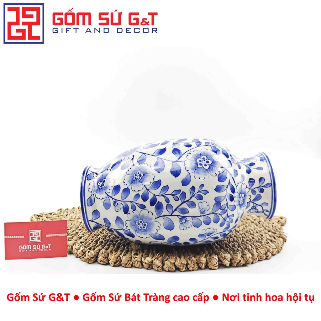 Lọ hoa dáng phích cổ cao men lam vẽ hoa cành H28