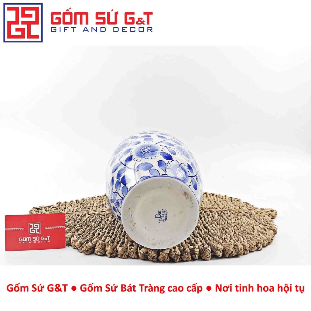 Lọ hoa dáng phích cổ cao men lam vẽ hoa cành H28