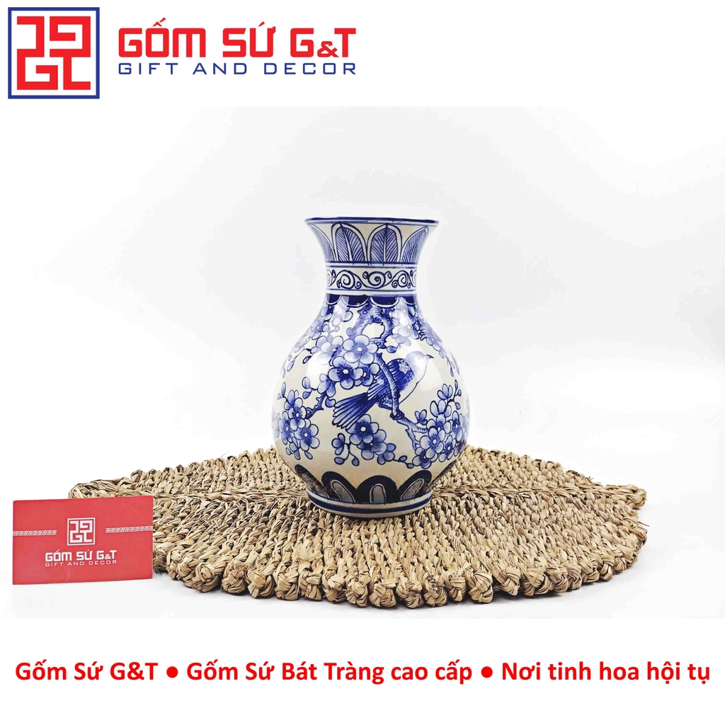 Lọ hoa dáng tỏi men lam vẽ chim đào H24