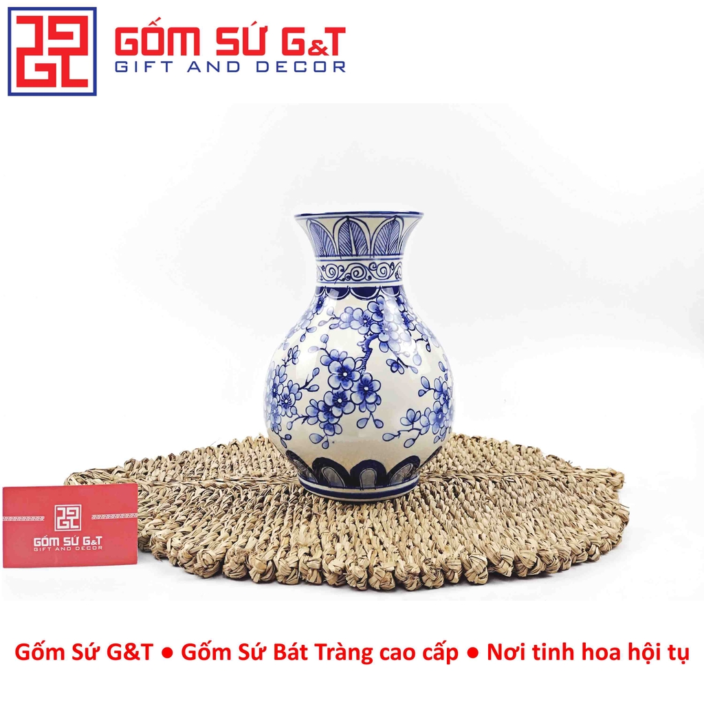 Lọ hoa dáng tỏi men lam vẽ chim đào H24